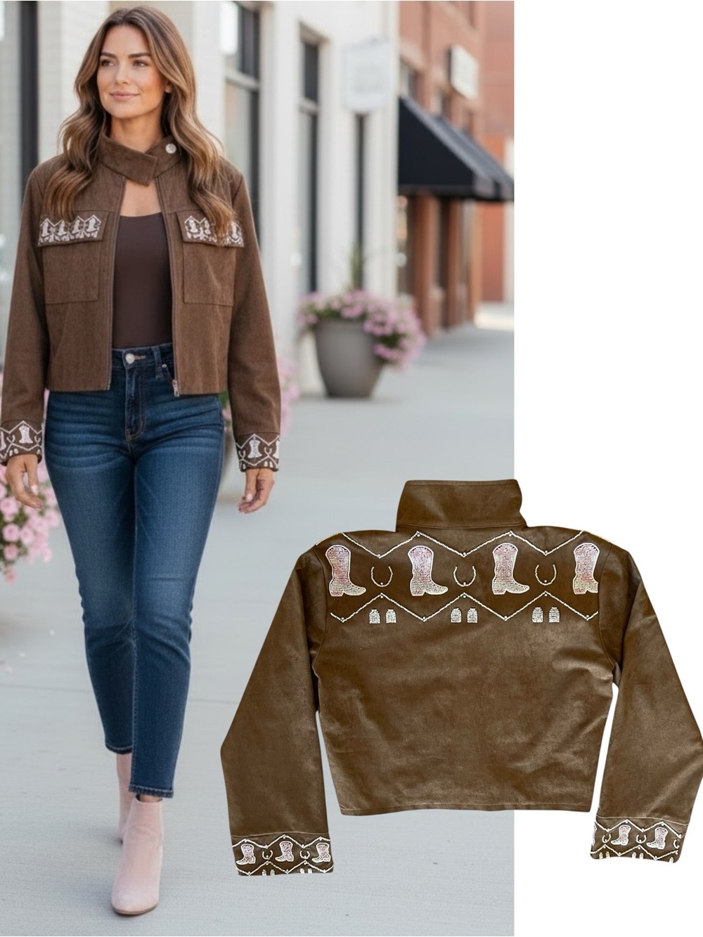 NEW blue b Dark Brown Faux Suede Pink Cream Beaded Cowboy Boot Horseshoe Jacket